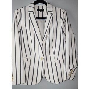 Talbots Petites Striped Blazer 14P Ivory Navy Nautical Preppy Jacket